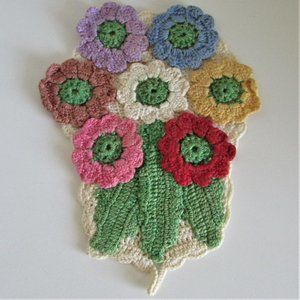 FLOWERS Crocheted wall decor VINTAGE atleast 60 years old VERY FINE YARN